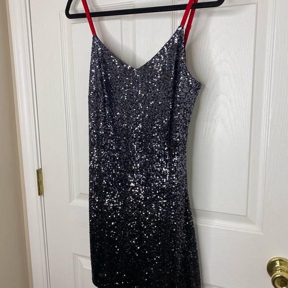 DKNY Black Sequin Mini Dress with Red Adjustable Straps - Picture 2 of 11
